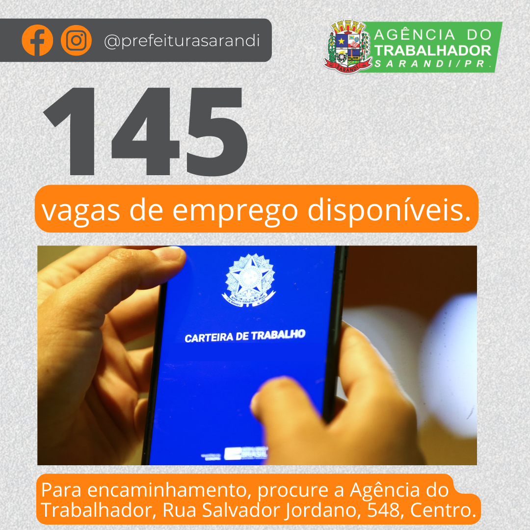 Agência do Trabalhador de Sarandi está com 145 vagas disponíveis para esta semana (03/10 ao dia 07/10)